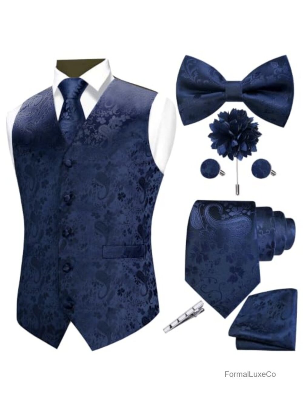 GUSLESON Men's Paisley Jacquard Vest 7-Piece Set - Tie, Bow Tie, Lapel Pin,